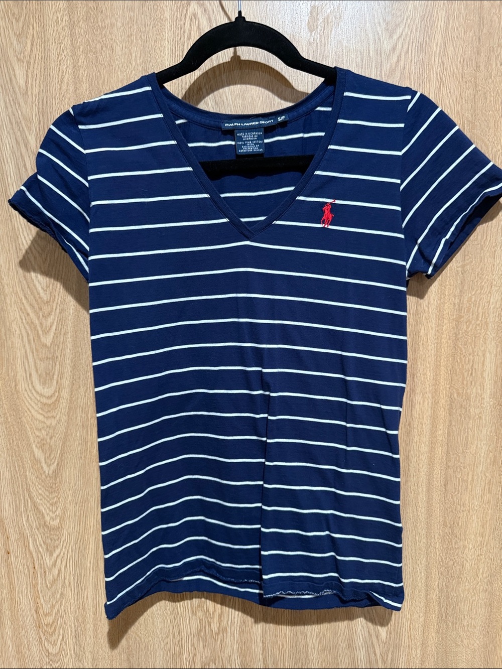 Ralph Lauren Navy & White Striped V-Neck Tee with Red Polo Logo